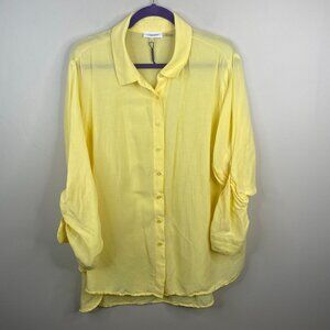 Calvin Klein Top NWOT Women 1X Yellow Button Linen Blend Beachy Vacation Coastal